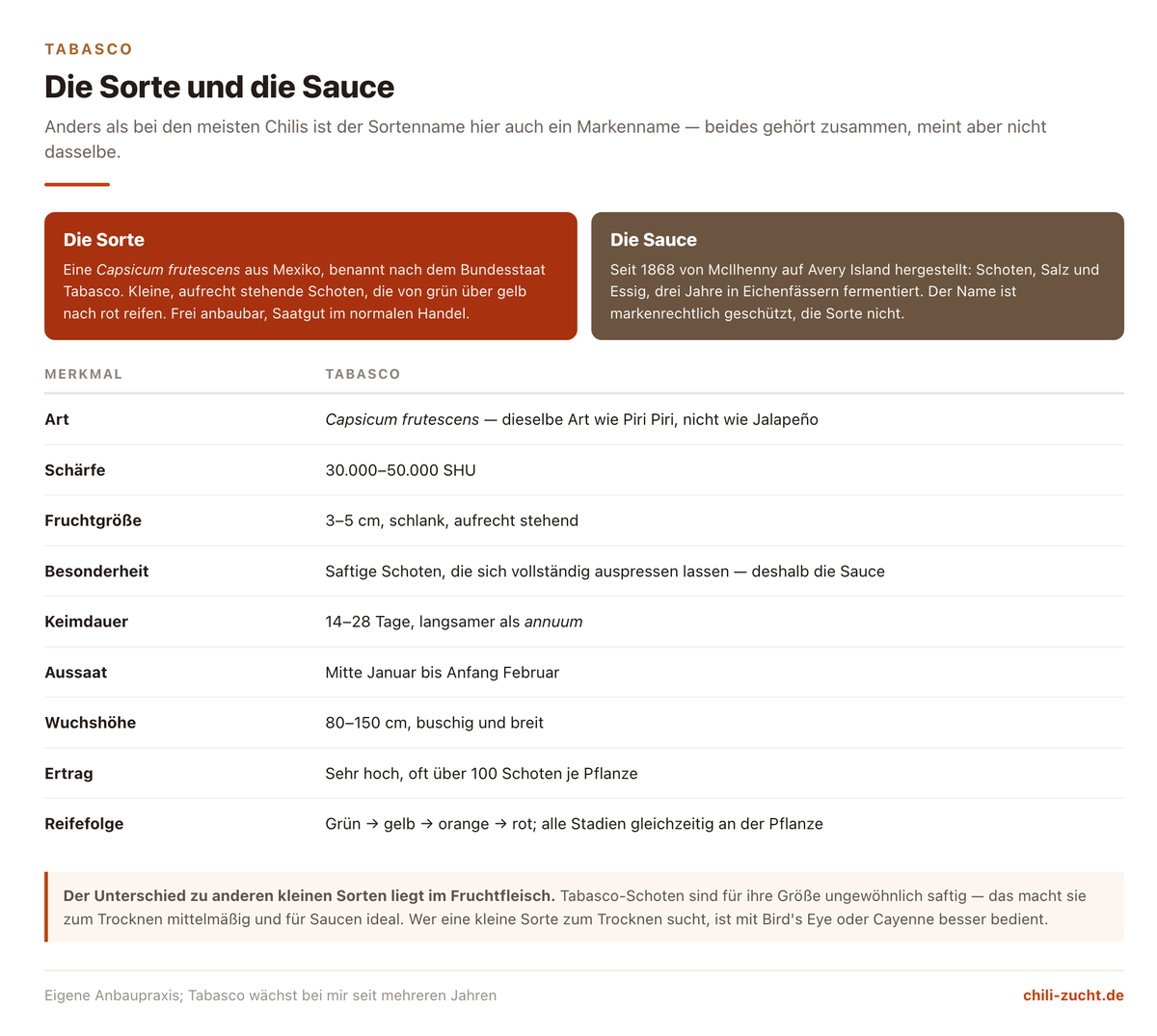 Übersicht zur Tabasco-Chili: Trennung von Sorte und Marke sowie Steckbrief mit Art, Schärfe, Keimdauer, Wuchshöhe und Ertrag